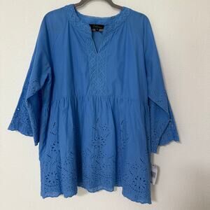 Calesas Women's Blue Cotton Embroidered Eyelet Top Blouse Size 1X